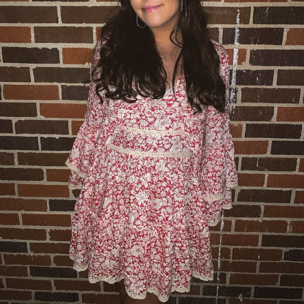 Free People Kristall Berry Red Floral Print Bell Sleeve Mini Dress - Picture 4 of 4